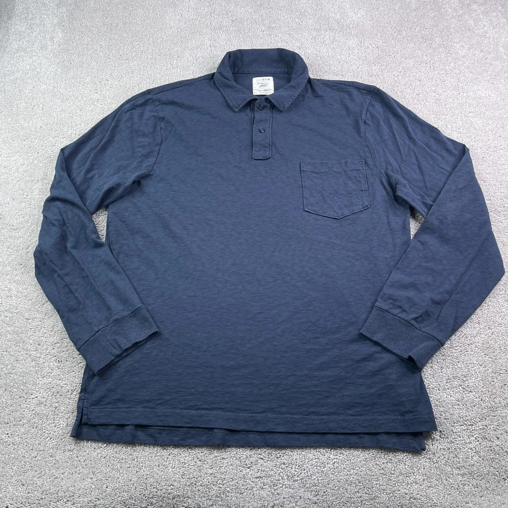J Crew Polo Shirt Mens XL Blue Ringspun Jersey Long Sleeve Pocket Casual‎ Prep